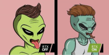 a cartoon of a green alien sticking his tongue out and a cartoon of a green alien without a shirt .