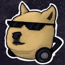 a doge wearing sunglasses and headphones is sitting on a wheel .