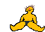 a pixel art drawing of a man in a bathing suit sitting down on a white background .