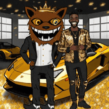 a man and a mascot are standing in front of a gold car