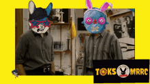 two men wearing masks are standing next to a sign that says toks mrrc