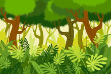 a cartoon illustration of a lush green forest with trees and leaves