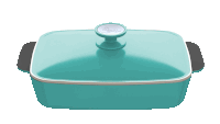 a turquoise casserole dish with a handle and a lid that says cook