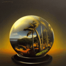 a painting of palm trees in a glass ball with the name jonathan james on the bottom