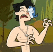 a cartoon of a shirtless man holding a bird in his mouth .