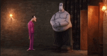 two cartoon characters are standing next to each other in a dark room .