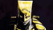 a close up of a cartoon character with a gold mask on his head .