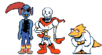 a pixel art drawing of papyrus , undertale and alphys