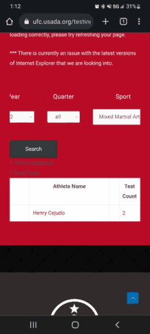 a screenshot of the ufc.usada.org/testing website