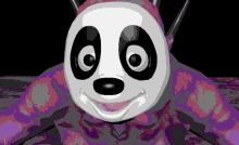 a drawing of a panda bear with a purple body and black eyes