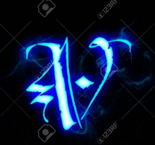 the letter v is glowing blue on a black background .