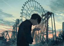 a boy stands in front of a roller coaster and ferris wheel