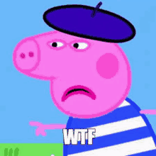 a cartoon pig wearing a beret and a striped shirt is making a funny face .