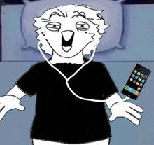 a cartoon character wearing headphones and holding a cell phone