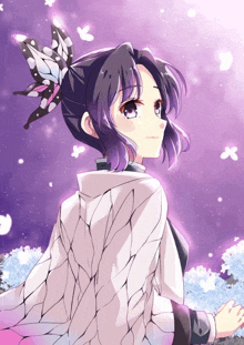 a girl with purple hair and a butterfly hairstyle