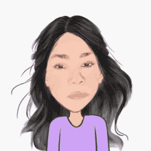 a cartoon drawing of a woman with long black hair and a purple shirt