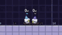 two cupcakes are sitting on a table in a video game with a purple background .