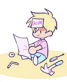 a cartoon of a boy sitting on the floor reading a piece of paper .