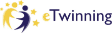 a blue and yellow logo for etwinning with a silhouette of people and stars