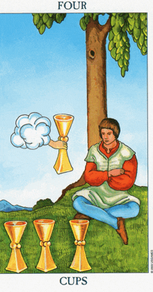 a tarot card showing a man holding four cups