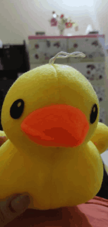 a person is holding a yellow stuffed duck with a string hanging from its head