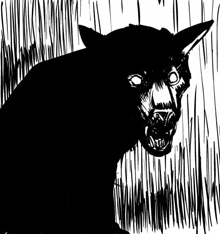 a black and white drawing of a black panther with glowing eyes standing in the grass .