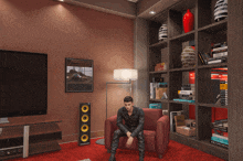 a man sits in a red chair in front of a bookshelf with a book titled built in sound