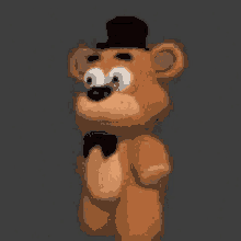 a teddy bear wearing a top hat and bow tie is standing on a dark background .