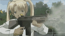 a girl with pigtails is holding a rifle in her hand