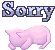 a pixel art of a pink cat with the words `` sorry '' written above it .