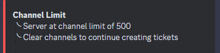 a screenshot of a server at channel limit of 500 clearing channels to continue creating tickets