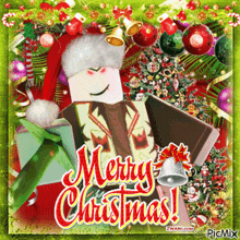 a christmas greeting card with a cartoon character wearing a santa hat