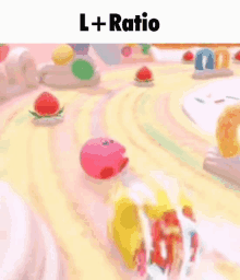 a cartoon character is driving a car on a candy road in a video game .