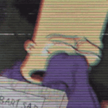 bart simpson 's face is shown with a purple shirt on