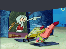 a cartoon of squidward and patrick from spongebob squarepants pointing at each other