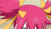 a close up of a pink haired anime character with a yellow bow in her hair