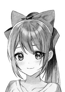 a black and white drawing of a girl with long hair