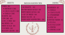 a menu for breads / sandwiches and drinks with a heart on it