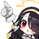 a cartoon girl with long black hair and red eyes is holding a glove and pointing at something .