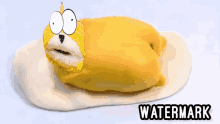 a cartoon character is wrapped in a yellow blanket with the word watermark below it