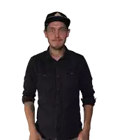 a man wearing a black hat and a denim shirt has his mouth open