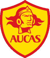 a red and yellow logo for aucas with a native american