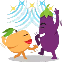 a cartoon illustration of a peach and eggplant dancing