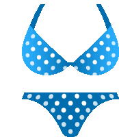 a blue bikini with white polka dots is shown