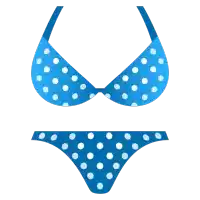 a blue bikini with white polka dots is shown