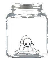 a drawing of a cartoon character sitting inside of a mason jar