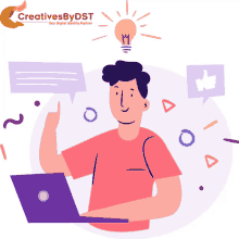 an illustration of a man using a laptop with a light bulb above his head and the words creativesbydst on the bottom