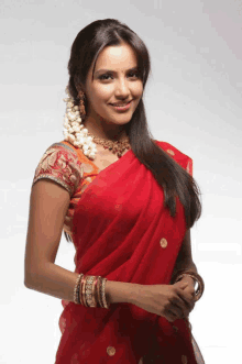 a woman wearing a red saree with a floral embroidered blouse