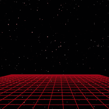 a red grid against a black background with stars in the background