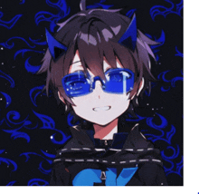 a boy with blue horns is wearing sunglasses and a black jacket